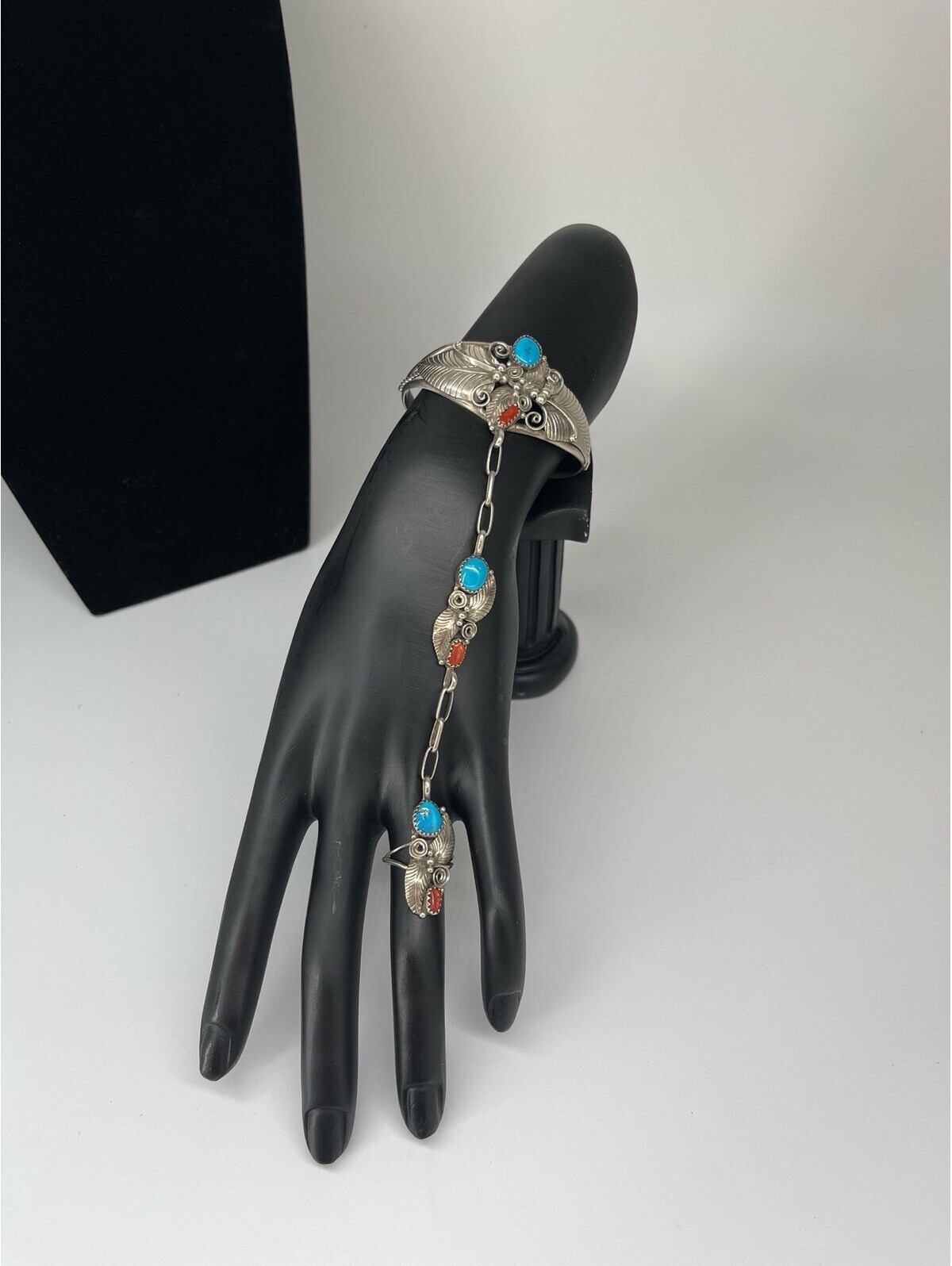 Vintage Sterling Silver Turquoise Coral Hand Chain Ring Bracelet Nn Genuine